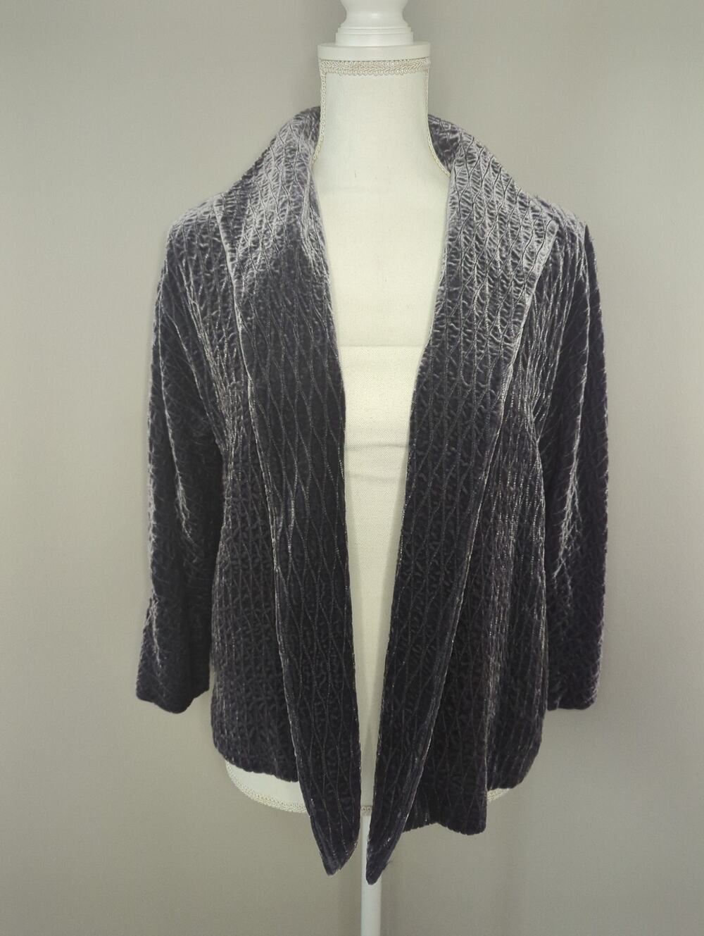 Eileen Fisher Charcoal Silk Blend Velvet Open Front Jacket Small